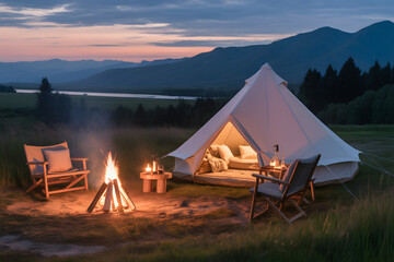 Camping Haven at Sunset: A cozy campsite featuring a tent, a crackling campfire, and comfy chairs set against the tranquil backdrop of a mountainous landscape.