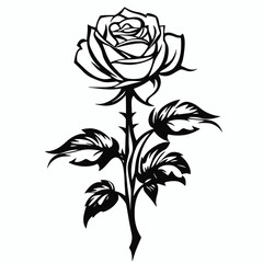 Elegant black rose with thorny stem, leaves vector silhouette