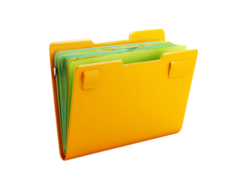 Orange file folder with green documents inside, Isolated On White Background, Png Transparent