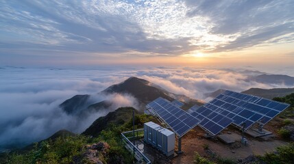 a small solar photovoltaic power station on the mountaintop, panels forming a unique pattern, energy storage battery boxes beside, background is sea of clouds and glow of sunlight 