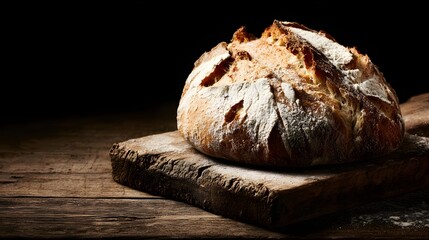 A rustic loaf of artisan bread rests on a weathered wooden board, bathed in warm light.