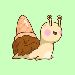Cute vector illustration of a funny snail replacing its shell with a melted chocolate ice cream cone, creating a whimsical and playful character design.