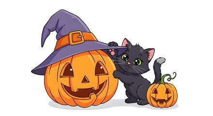 Cute cartoon black cat with a pumpkin wearing a witch hat isolated on white background, perfect for halloween themed designs and decorations