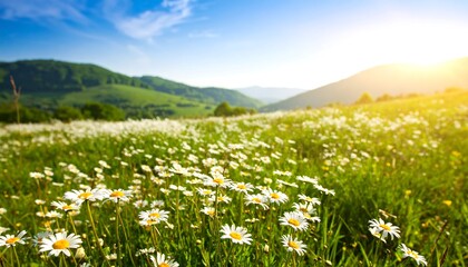 Beautiful Sunny Meadow Filled With White Daisies and Green Rolling Hills Under a Blue Sky.