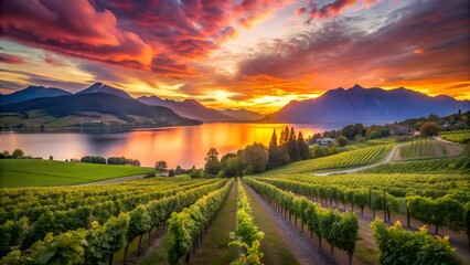 Naklejka premium Breathtaking vineyard landscape at sunset with lake and mountains in Switzerland