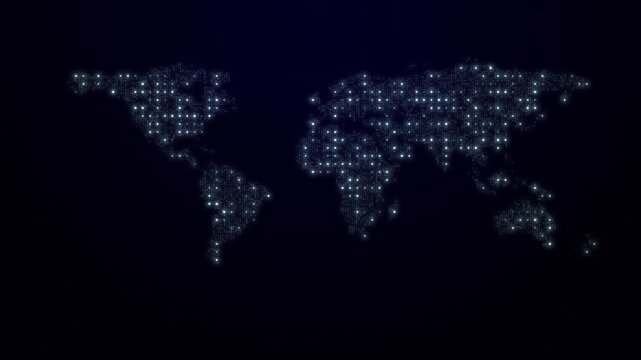 Digital world map glowing points global network visualization. Animation interconnected data systems, cyber technology, futuristic background business, finance, innovation, global communication themes