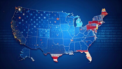 USA Map with Digital Binary Code and Flag Design us background