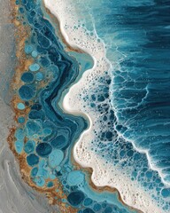 Abstract seascape, fluid acrylics.  Ocean waves meet sandy shore