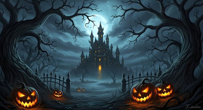 A spooky halloween scene featuring a gothic castle under a full moon, surrounded by eerie trees and glowing pumpkins, creating a dark and mysterious atmosphere - Powered by Adobe
