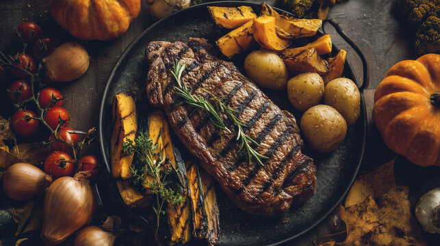 "Grilled steak with roasted pumpkin, potatoes, and vegetables served on a rustic plate, surrounded by fresh tomatoes, onions, and autumn decorations." - Powered by Adobe