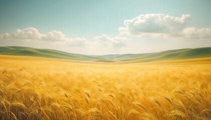 Obraz premium Serene Golden Wheat Field With Rolling Green Hills