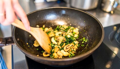 Culinary creation: Stir-frying fresh mushrooms and green herbs in a wok on the stove top for