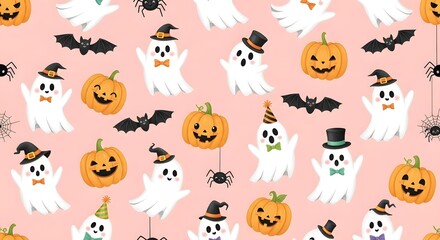 Cute halloween pattern with ghosts, pumpkins, bats, and spiders on a pink background, perfect for festive and fun holiday designs