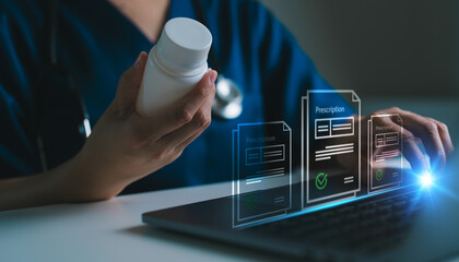 Doctor holding medicine bottle and using laptop with digital prescription icons, e-healthcare, e-prescription, digital healthcare, wellness, telemedicine and modern pharmacy solutions.