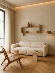 Minimalist modern living room interior with neutral palette, textured sofa, travertine tables, and natural light