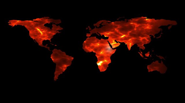 Video footage of world map glowing orange fire texture on black background, heat, crisis, global warming, destruction, danger, energy impact, natural disaster, environmental emergency, futuristic