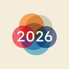 Modern graphic design for the year 2026 featuring colorful, overlapping, and translucent circles in a retro palette.
