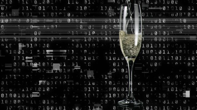 Glitch band sweeping over champagne flute, creating binary digits dancing around bubbly drink