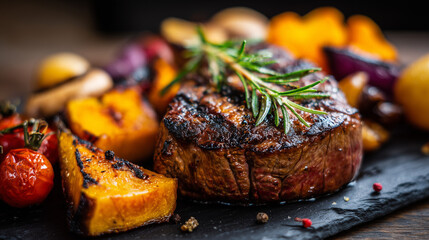 "Close-up of a grilled steak garnished with fresh rosemary, served with roasted pumpkin, cherry tomatoes, potatoes, and vegetables on a dark rustic plate."