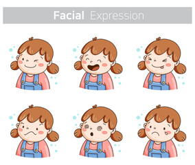 Cute girl character facial expression set showing six emotions: happy, laughing, silly, sad, surprised, and crying. Perfect for stickers, icons, or educational materials.