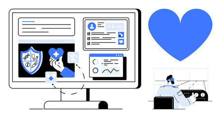 Monitor displaying healthcare dashboard with analysis tools, patient records, and medical icons. Blue heart symbol, desk worker in lab coat. Ideal for healthcare, telemedicine, diagnostics