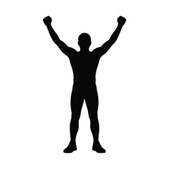Athletic man celebrating victory with raised arms silhouette celebration
