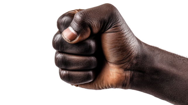 Powerful black human hand forms a fist, a symbol of strength and power, isolated on a PNG white background.