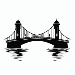 Fototapeta premium Dramatic suspension bridge with towers and water reflection silhouette