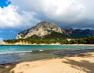 Beautiful Beach With Majestic Mountain Under Dramatic Cloudy Sky.