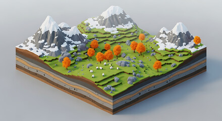 Miniature voxel art isometric landscape Snow-capped mountains, autumn trees, grazing sheep on green hills, with a geological cross-section of earth layers