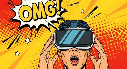 Man with virtual reality headset with OMG expression in pop art style