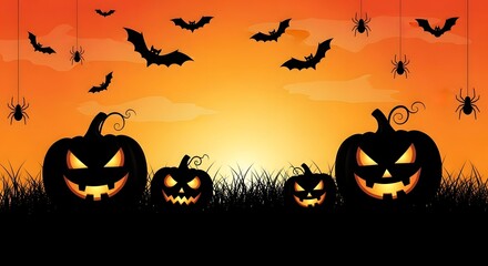 A spooky halloween scene featuring silhouetted pumpkins, bats, and spiders against an orange sunset sky, perfect for holidaythemed designs and decorations