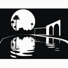 Luxurious villa by the swimming pool with tropical plants silhouette