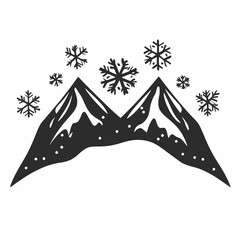 Snowy mountain peaks and snowflakes in winter grayscale decorative silhouette