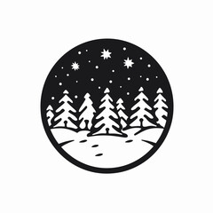 Winter holiday snow scene with pine trees and stars silhouette