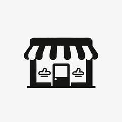 Charming quaint storefront with awnings, minimalist black on white design silhouette