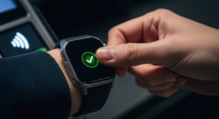 Close-Up of Hand Confirming Contactless Payment via Smartwatch with Approved Checkmark