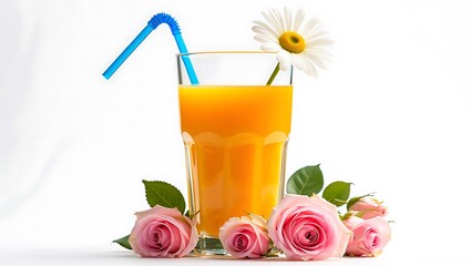 A glass of orange juice or a tropical drink with flower decorations