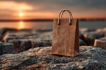 Simple paper shopping bag on rocks at sunset