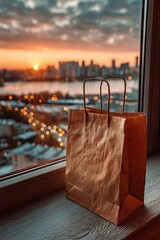 Brown paper bag on windowsill, city sunset view