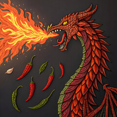 A fiery dragon crafted from chili peppers, breathing flames, symbolizing spice, heat, and the fusion of fantasy with culinary art.