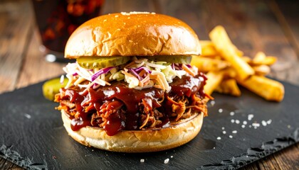 BBQ Pulled Pork Burger.
A juicy beef patty topped with tender pulled pork smothered in tangy BBQ sauce, complemented by creamy coleslaw and pickles, all packed into a soft, lightly toasted bun.