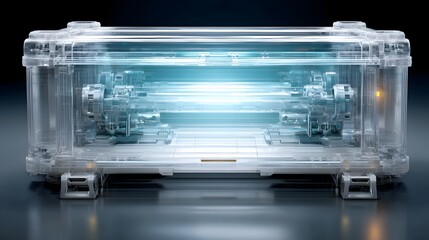 A transparent, futuristic container reveals intricate inner workings with a bright, glowing light source.