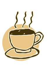 Illustration art of a steaming hot coffee cup on a saucer. Perfect for café menus, morning themes, posters, kitchen art, decorative projects, and digital artwork.