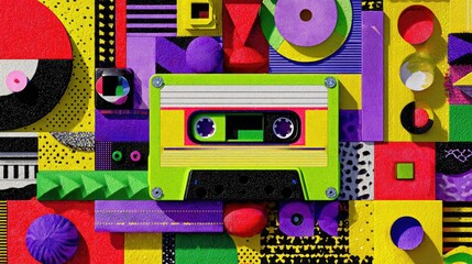 Colorful collage with a retro cassette tape
