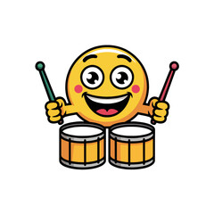 Smiling emoji character joyfully playing drums with colorful drumsticks in a cheerful setting