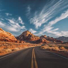 Naklejka premium Embark on an epic road trip adventure through stunning desert landscapes with dramatic rock formations under a vast, cloudy sky.