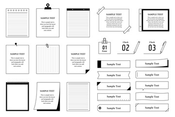 メモ　ノート　文房具　付箋　ペン　イラスト　ベクター　クリップ　マスキングテープ　フレーム　セット