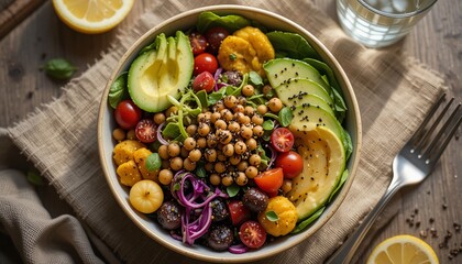 Vegetarian food menu with a variety of vegetables, fruits, and grains.