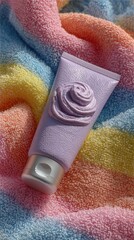 Lavender lotion tube on colorful towel